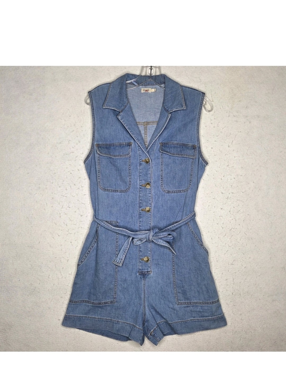 Faherty Utility Denim Belted Sleeveless Organic Cotton Linen Romper Size 4 Retro